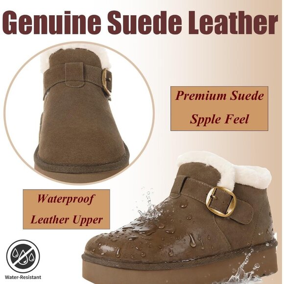 Women's Snow Winter Warm Hook Loop Dark Brown Ankle Faux Fur Lining Booties - Picture 3 of 6